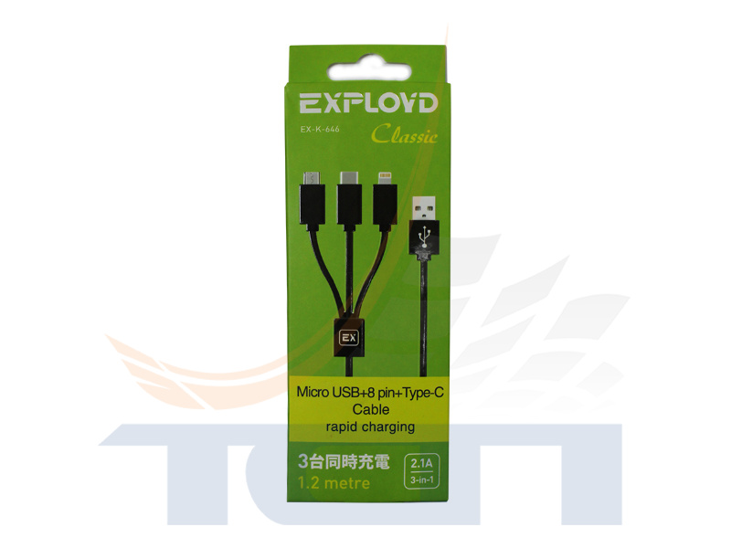 Дата-кабель 3в1 USB-microUSB/8 Pin/TYPE-C 1.2M 2,1A Classic круглый черный EX-K-646 EXPLOYD - 3