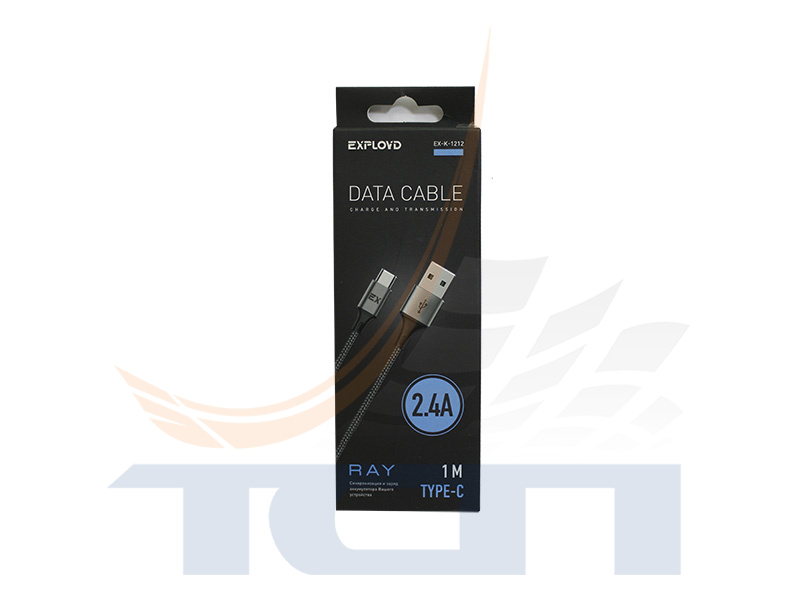 Дата-кабель USB - TYPE-C круглый нейлон черный 1М 2.4A RAY 1285166 EX-K-1212 EXPLOYD - 3