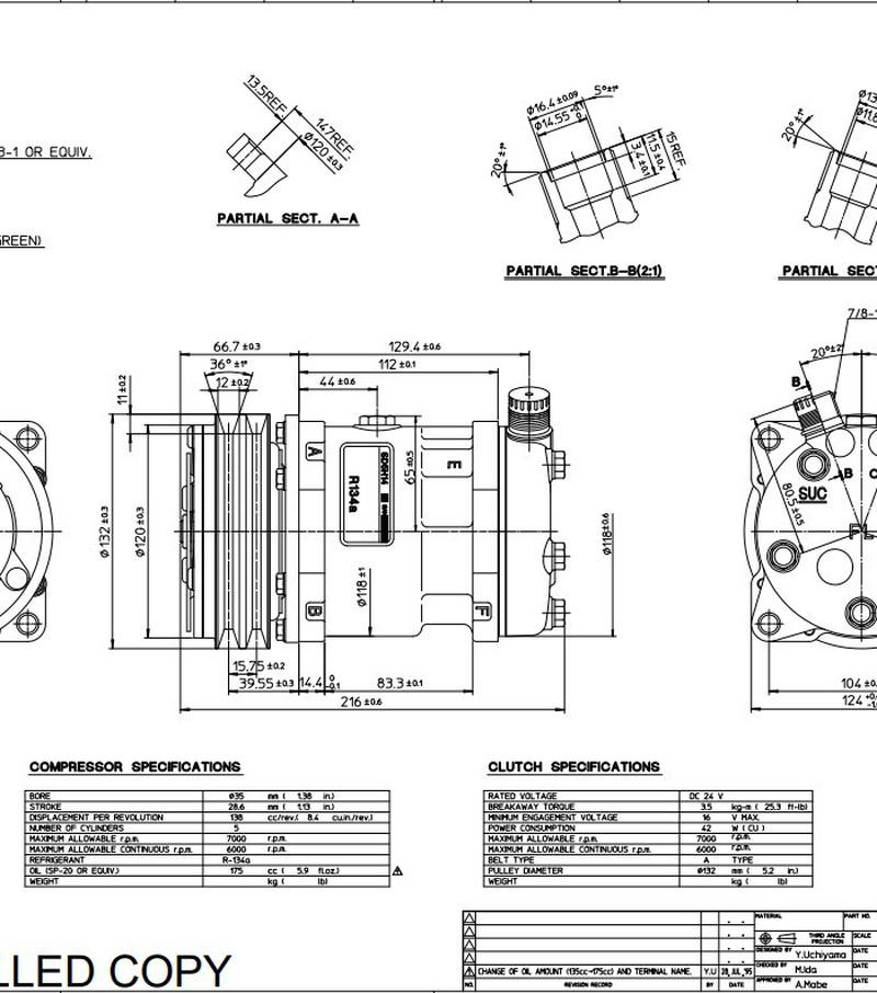 Компрессор Sanden SD5S14. Напряжение 24В,шкив клин.(2A),располож. портов: вертикально. Артикул: 6627 - 2