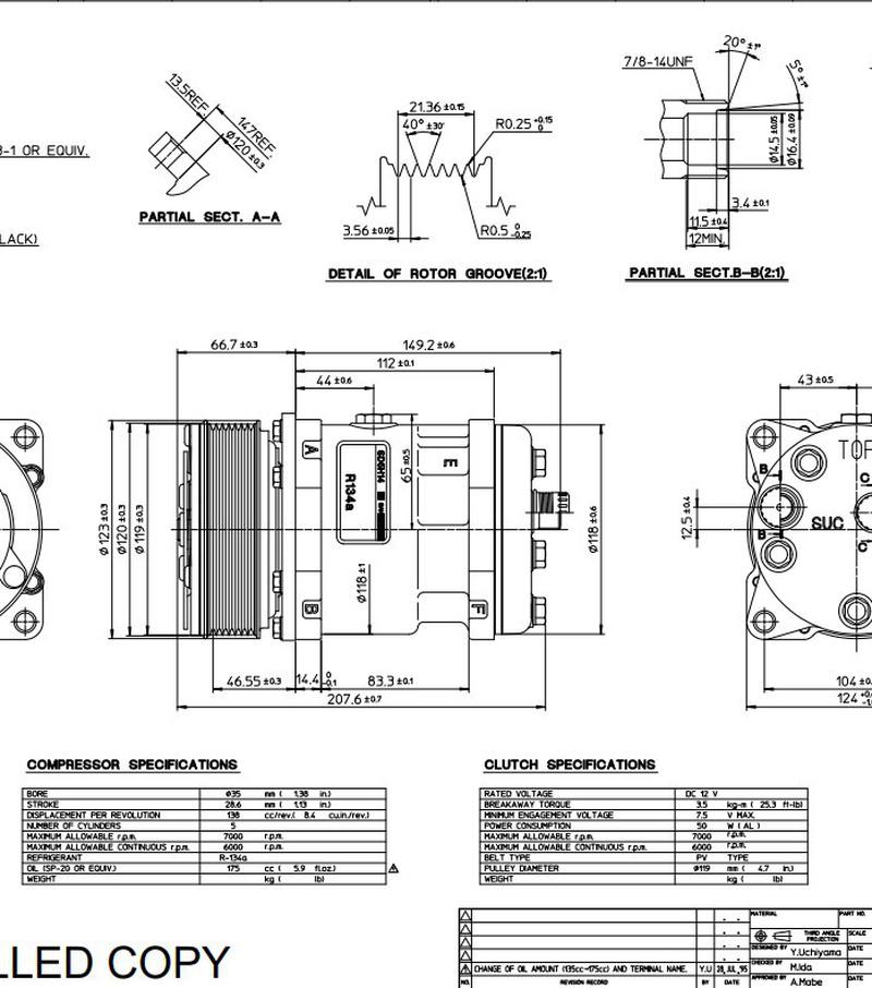 Компрессор Sanden SD5S14. Напряж 12В, шкив поликлин.(PV7),располож. портов: горизонт. Артикул: 6628 - 2