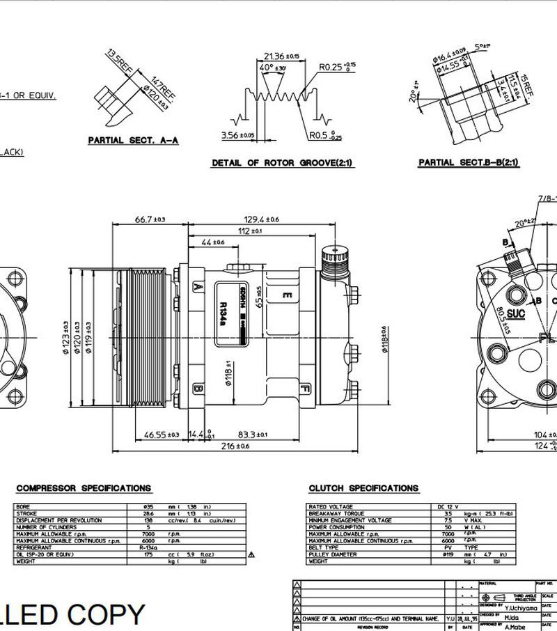 Компрессор Sanden SD5S14. Напряж12В, шкив поликлин.(PV7),располож. портов: вертикал. Артикул: 6629S - 2