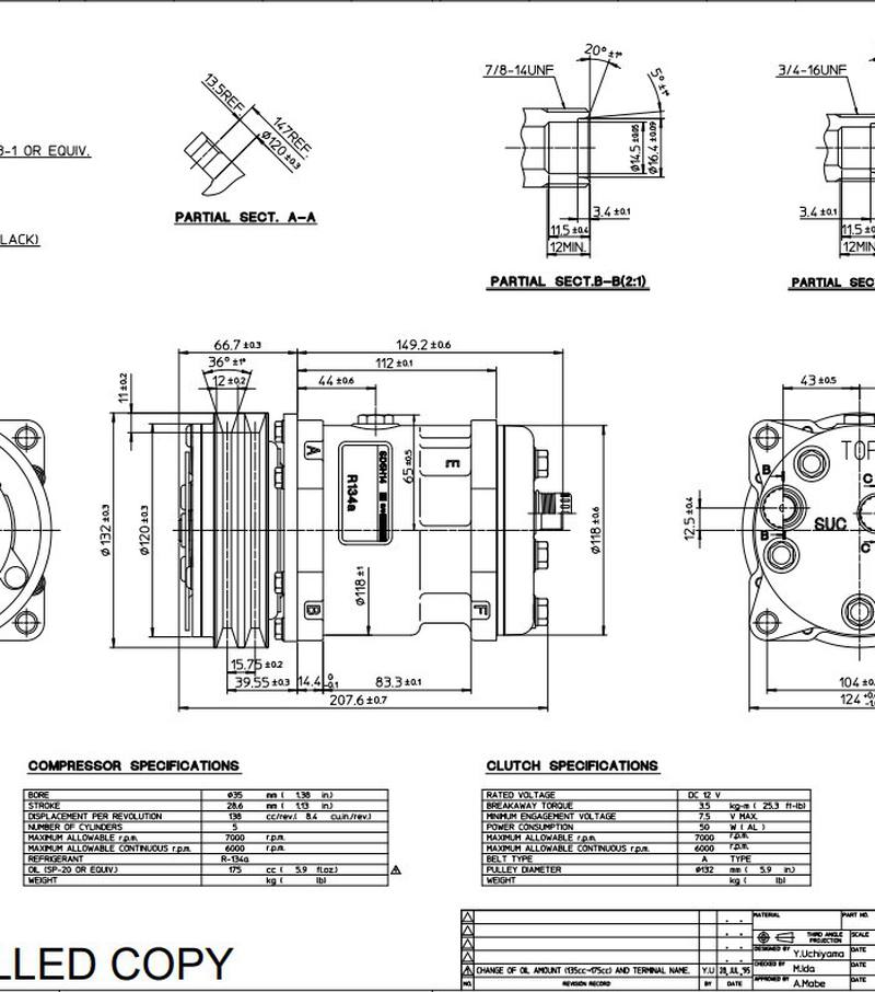 Компрессор Sanden SD5S14. Напряжение 12В,шкив клинов.(2A),располож. портов: горизон. Артикул: 6630 - 2
