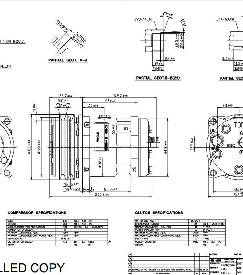 Компрессор Sanden SD5S14. Напряжение 24В,шкив клиновой(2A),располож. порт: горизон. Артикул: 6634 - 2