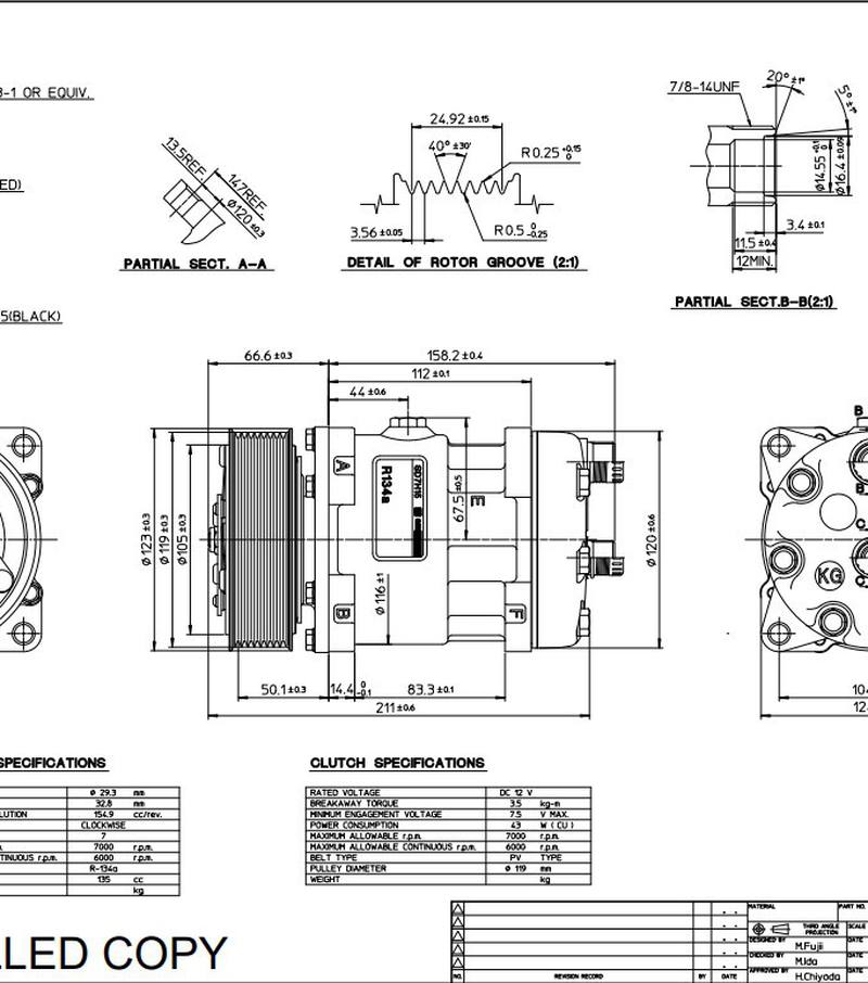 Компрессор Sanden SD7H15. Напряжение 12В,шкив поликлин.(PV8),распол. портов: горизонт. Артикул: 8027 - 2