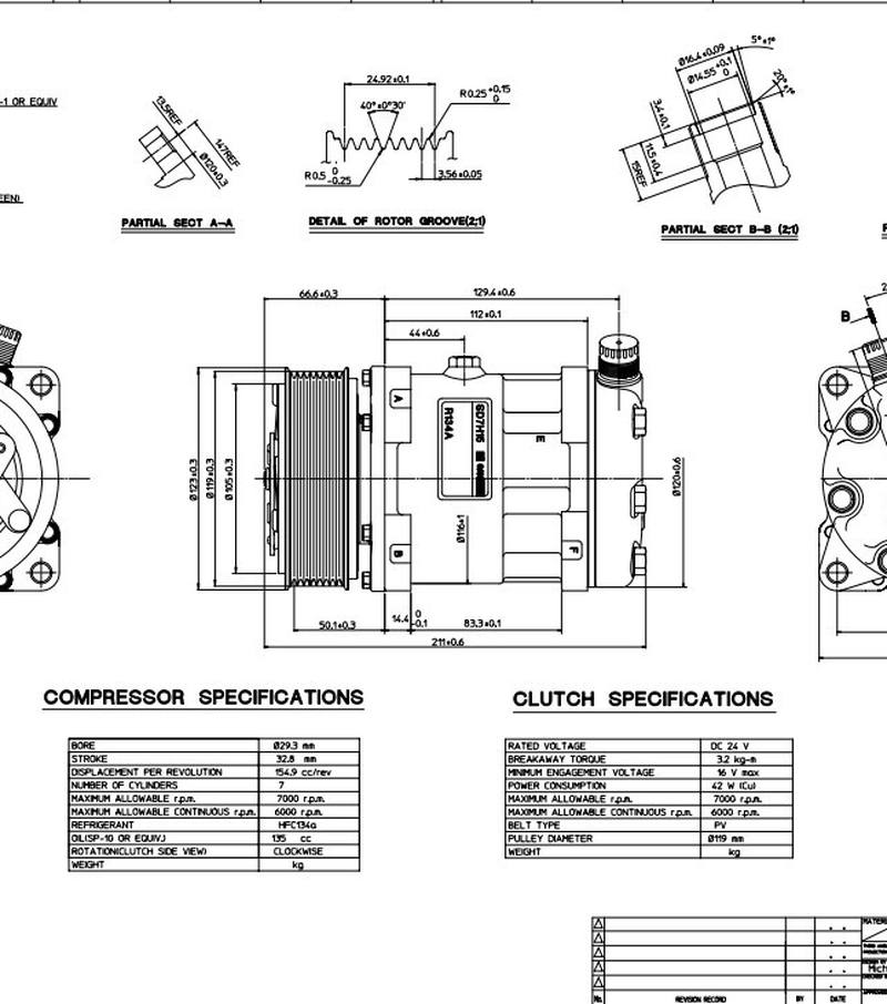 Компрессор Sanden SD7H15. Напряж 24В,шкив поликлин.(PV8),распол. портов: вертикал. Артикул: 8240 - 2