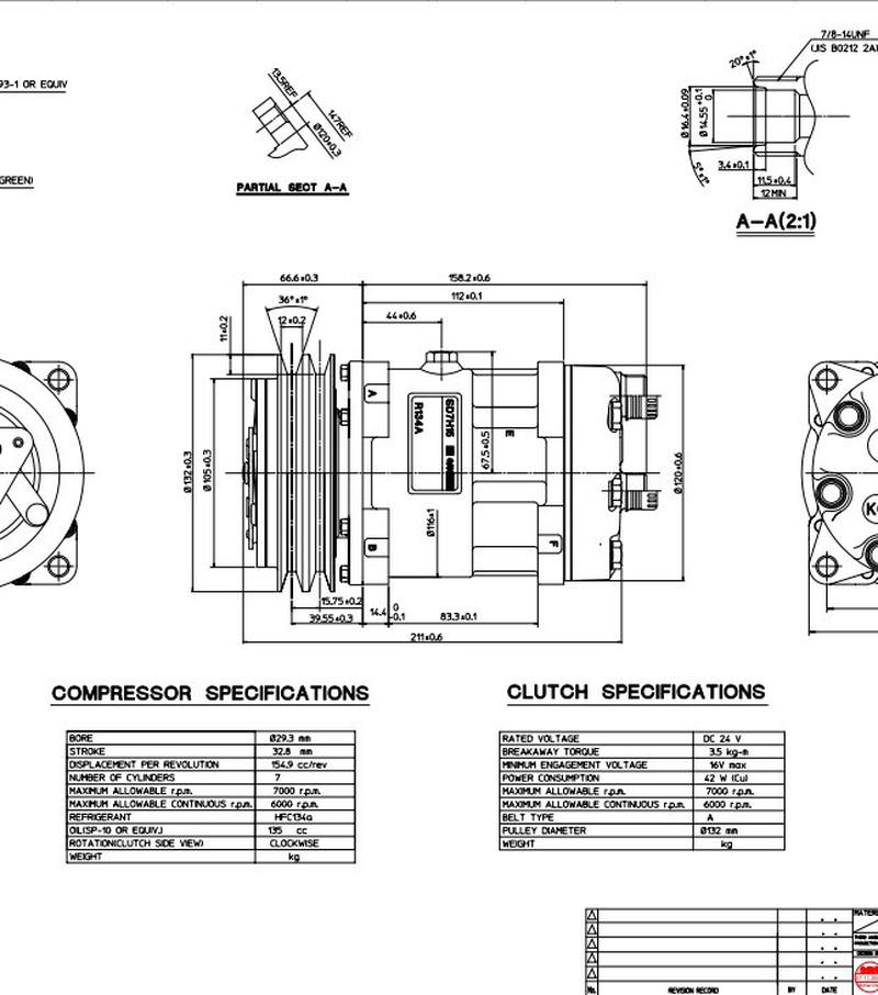 Компрессор Sanden SD7H15. Напряжение 24В,шкив клиновой(2A),распол. портов: горизон. Артикул: 8264 - 2