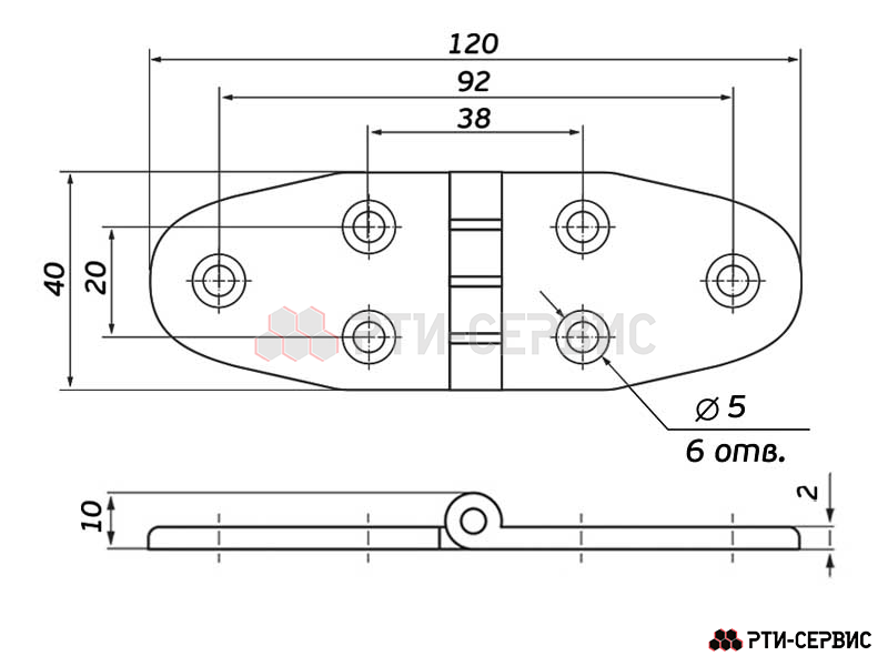 Петля листовая 120х40 мм (Ø5мм, 6 отверстий), нержавеющая сталь SS - 2