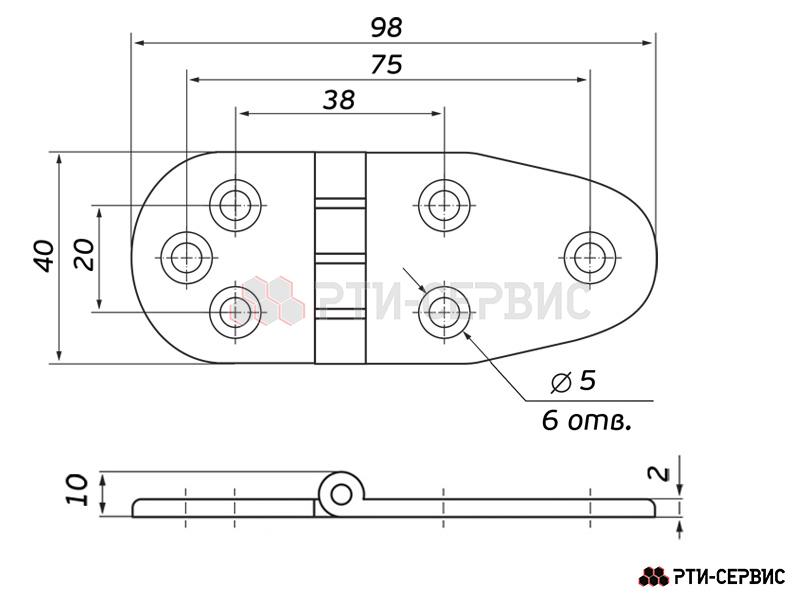 Петля накладная листовая 98х40 мм (Ø5, 6 отверстий), нержавеющая сталь SS - 6
