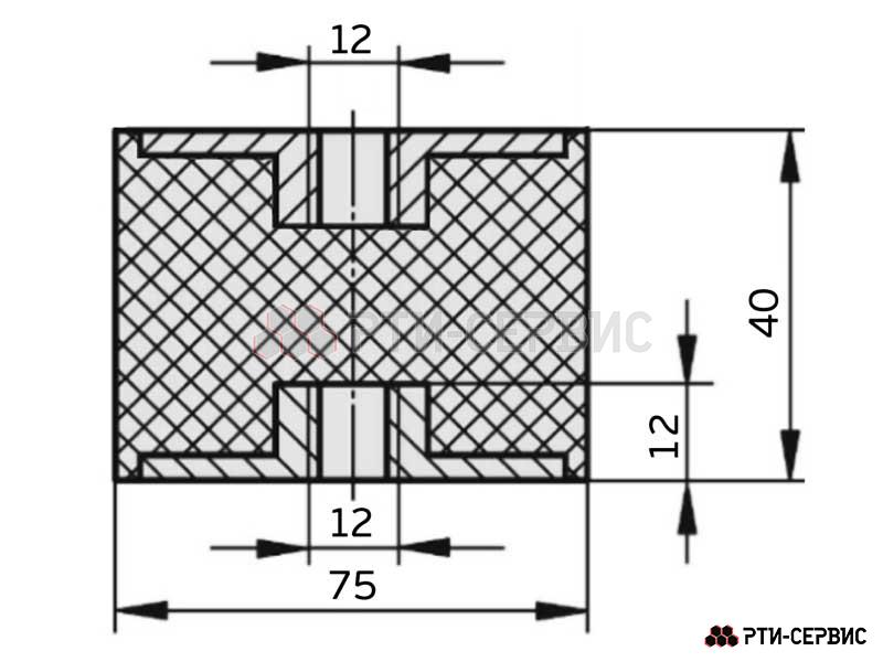 Резинометаллический буфер (аналог K0569.07504055 KIPP) D-75, H-40 с 2х стор. внутренней резьбой M12 - 3