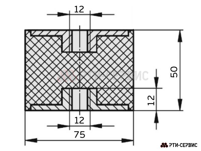 Резинометаллический буфер (аналог K0569.07505055 KIPP) D-75, H-50 с 2х стор. внутренней резьбой M12 - 3