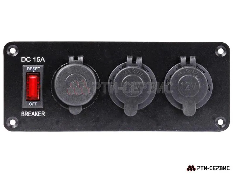 Панель с 2 разъёмами 12V (прикуриватель), 2 USB (2.1A + 1A) и переключателем