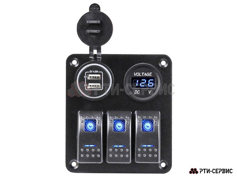 Панель из 3 переключателей с разъёмами 2 USB (4.8A), вольтметр 12-24В - 2