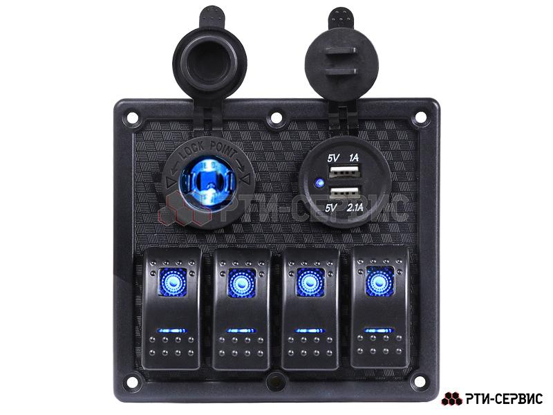 Панель из 4 переключателей с разъёмами 12V (прикуриватель), 2 USB (2.1A + 1A) - 3