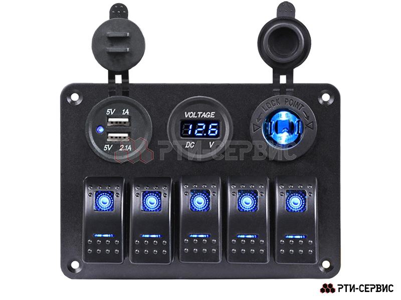 Панель из 5 переключателей с разъёмами 12V (прикуриватель), 2 USB (2.1A + 1A), вольтметр 12-24В - 3