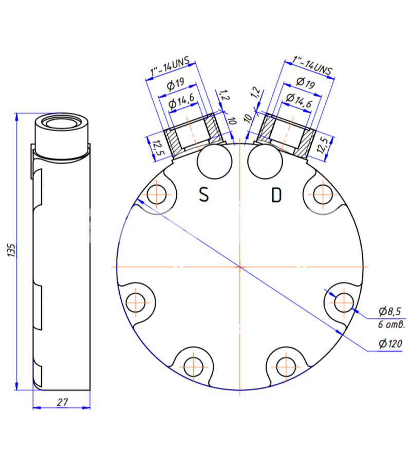 Крышка RC-U08177 на компрессора Sanden 7H, O-Ring, 1"-14UNS, 1"-14UNS. Артикул: RC-U08177 - 3